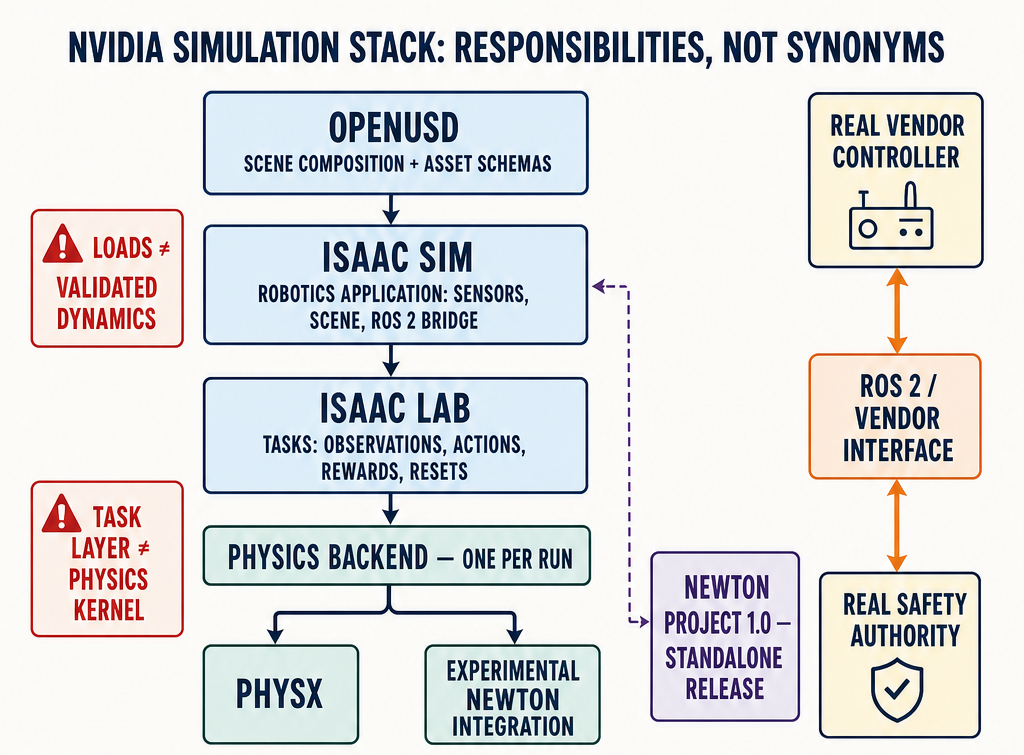 그림 6.1. OpenUSD의 scene composition, Isaac Sim의 robotics application, Isaac Lab의 task semantics, PhysX 또는 experimental Newton integration의 physics 책임을 분리한다. Newton Project 1.0 standalone release와 Isaac integration은 같은 지원 상태로 취급하지 않으며, 실제 vendor controller와 safety authority는 simulator 밖에 둔다.