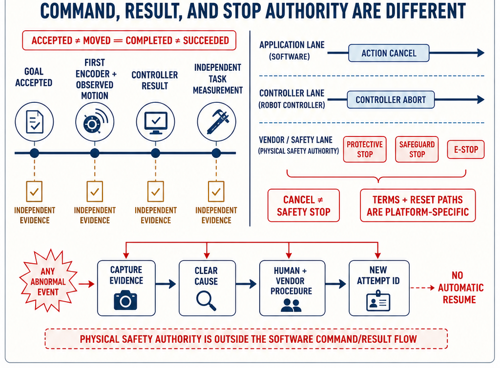 그림 7.2. Goal accepted, first encoder와 observed motion, controller result, independent task measurement는 서로 다른 evidence다. Software action cancel과 controller abort는 vendor safety lane의 protective stop, safeguard stop, E-stop과 분리되며, 비정상 event는 evidence capture, cause clearance, human/vendor procedure, new attempt ID를 거친다.